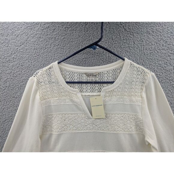 NWT Lucky Brand Women's size Large Long Sleeve Cream Top Lace Stripes - Picture 2 of 10